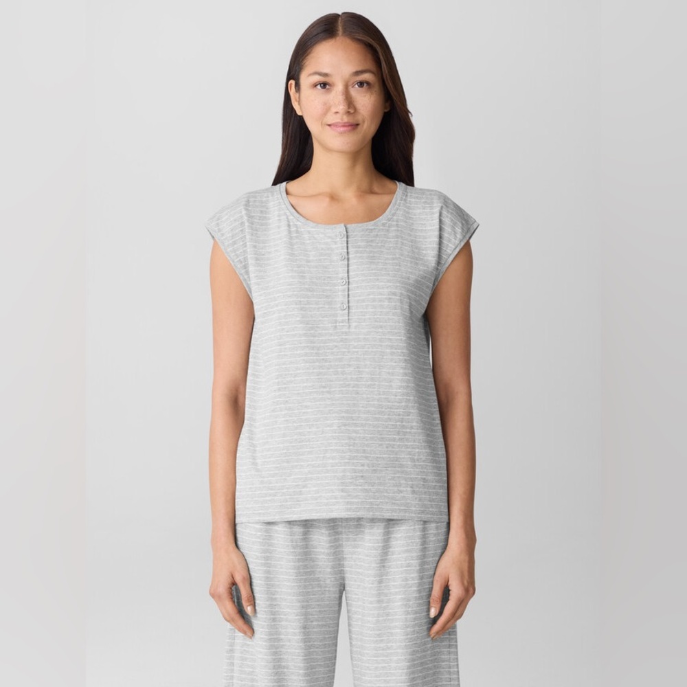NWT Eileen Fisher Striped Organic Cotton Jersey Henley Sleep Top